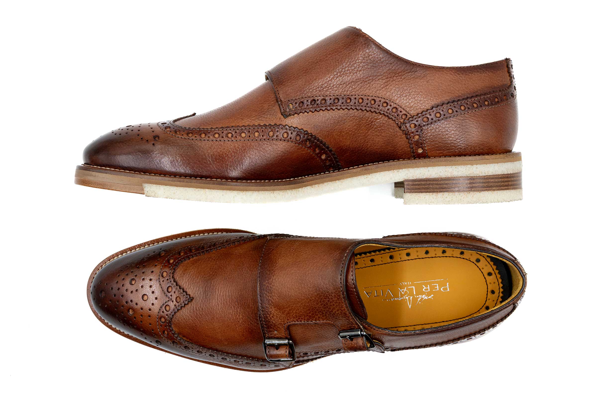 Tuscan Italian Calf Leather Double Monk Wingtip - Sienna - Image 6