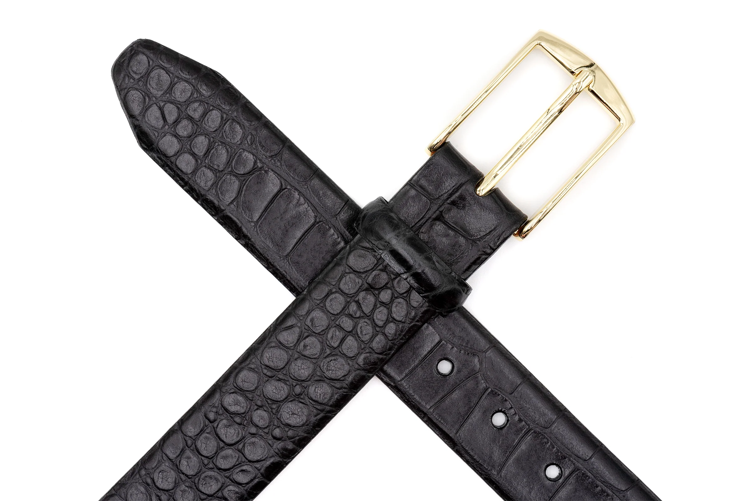 William 2 Buckle Alligator Grain Italian Calf Leather Belt - Black - Image 4