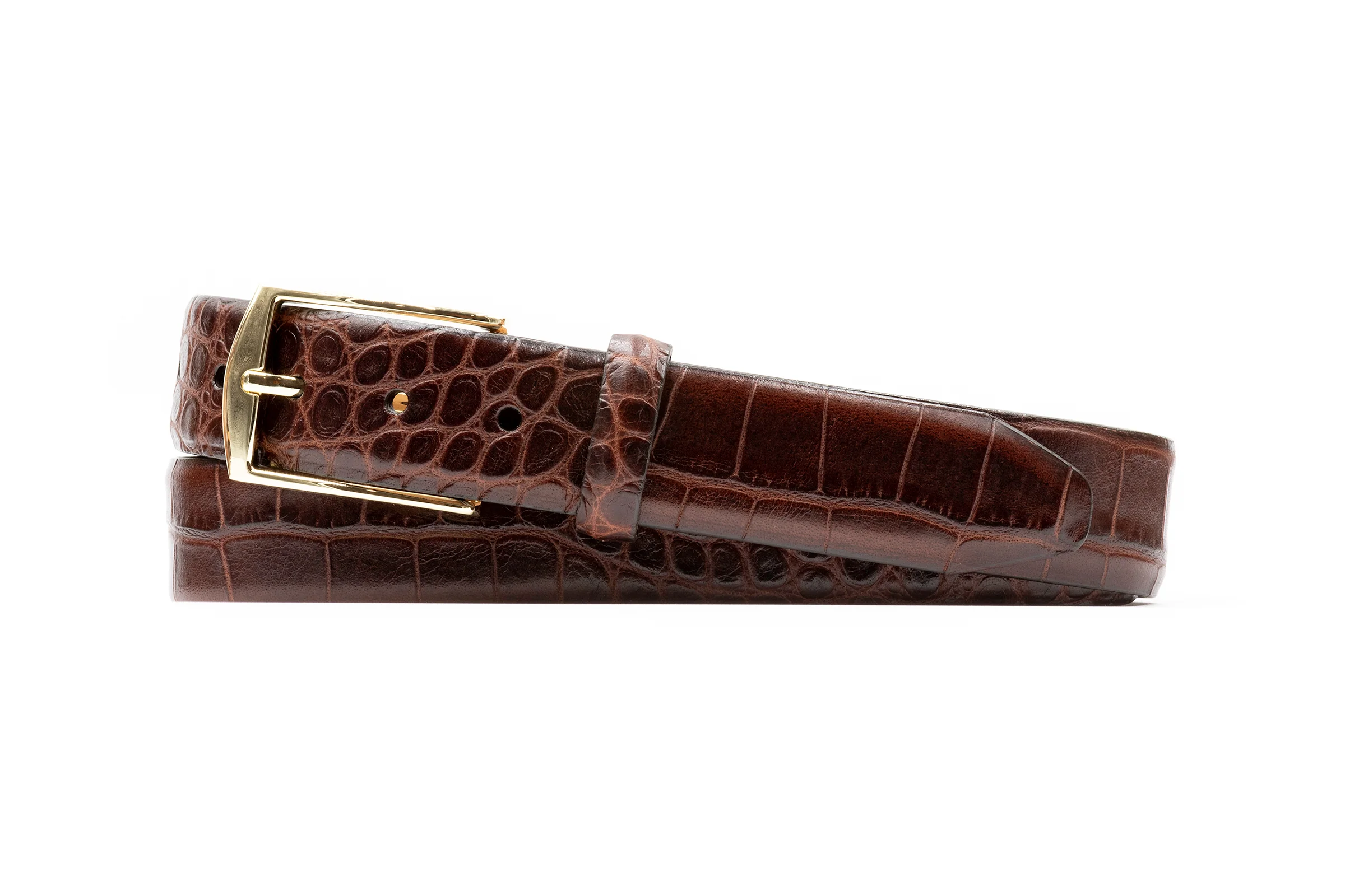 William 2 Buckle Alligator Grain Italian Calf Leather Belt - Brown - Image 3
