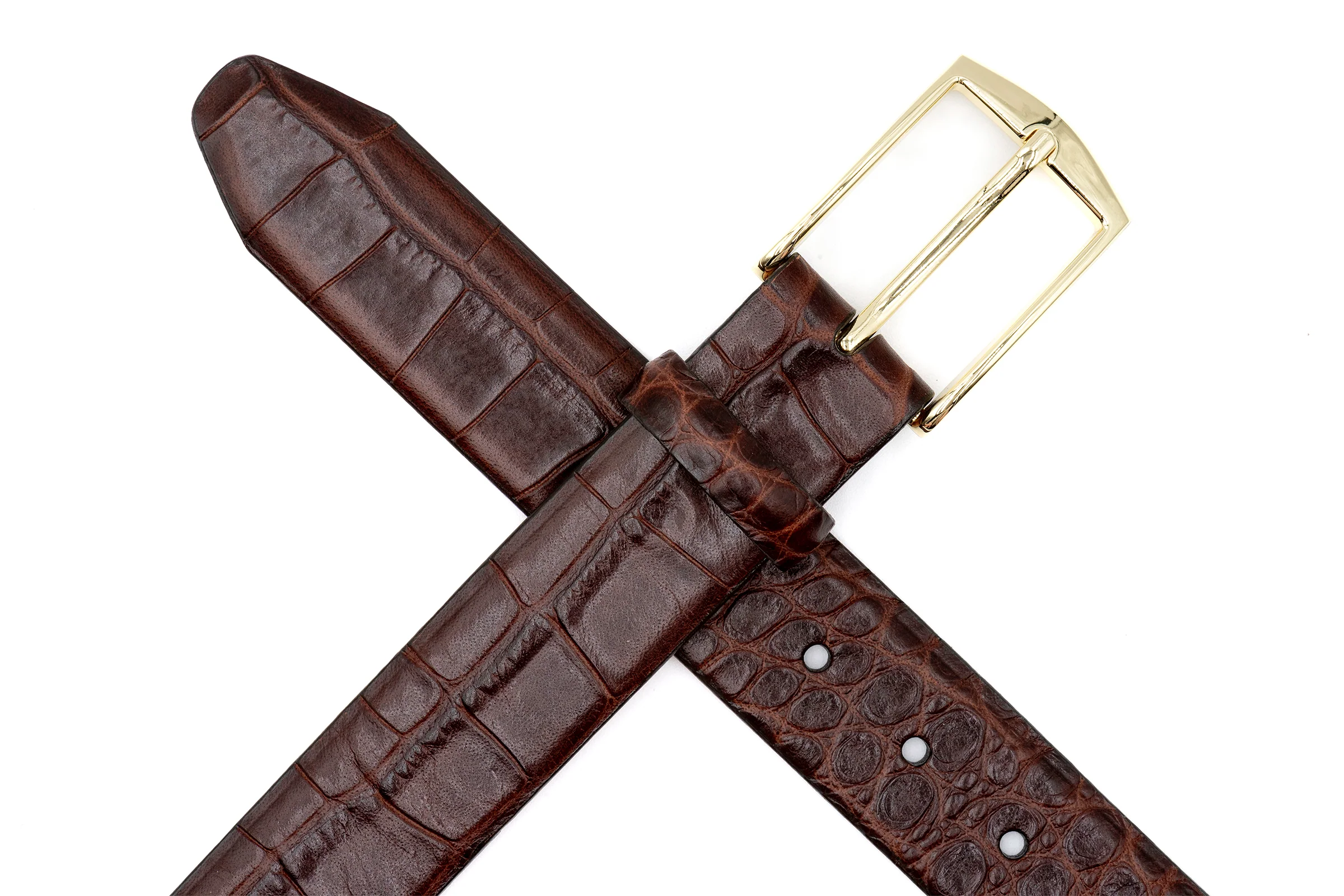 William 2 Buckle Alligator Grain Italian Calf Leather Belt - Brown - Image 4