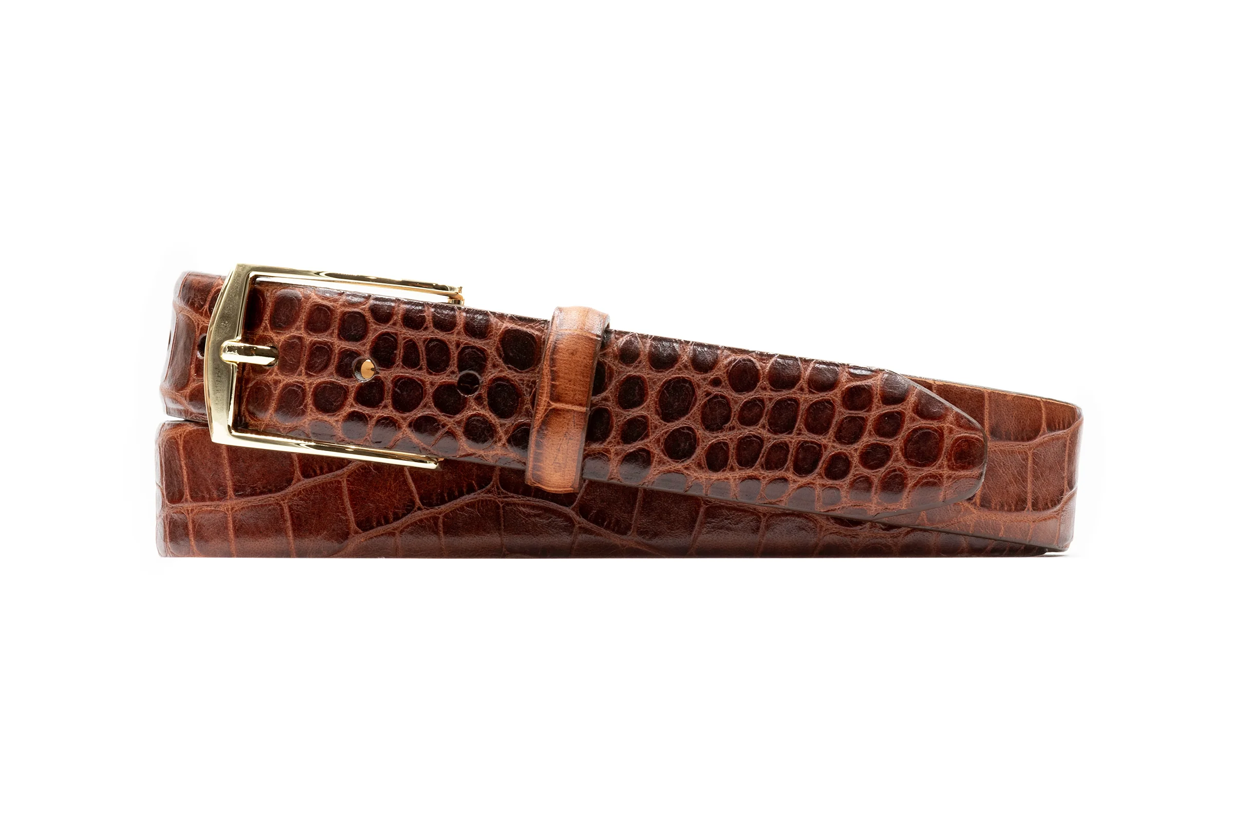 William 2 Buckle Alligator Grain Italian Calf Leather Belt - Chestnut - Image 3